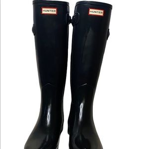 Hunter Wellies Flat Black Rain Boots adjustable strap at top size 9 With Box